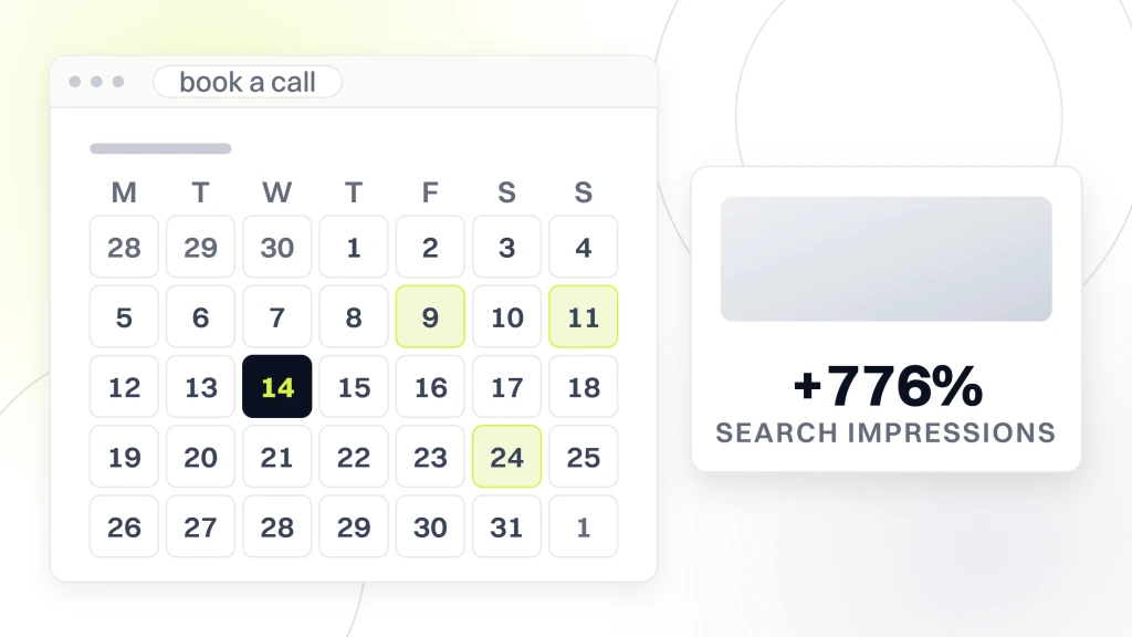 DSO Dental Conference. A booking calendar window showing a month grid with available dates tinted, beside a panel reading plus 776 percent under the label search impressions.