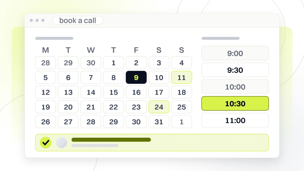 A booking screen in browser chrome showing a month grid, a column of time slots with two already taken and one selected, and the confirmed appointment it produced, from a guide to DSO Dental Conference.