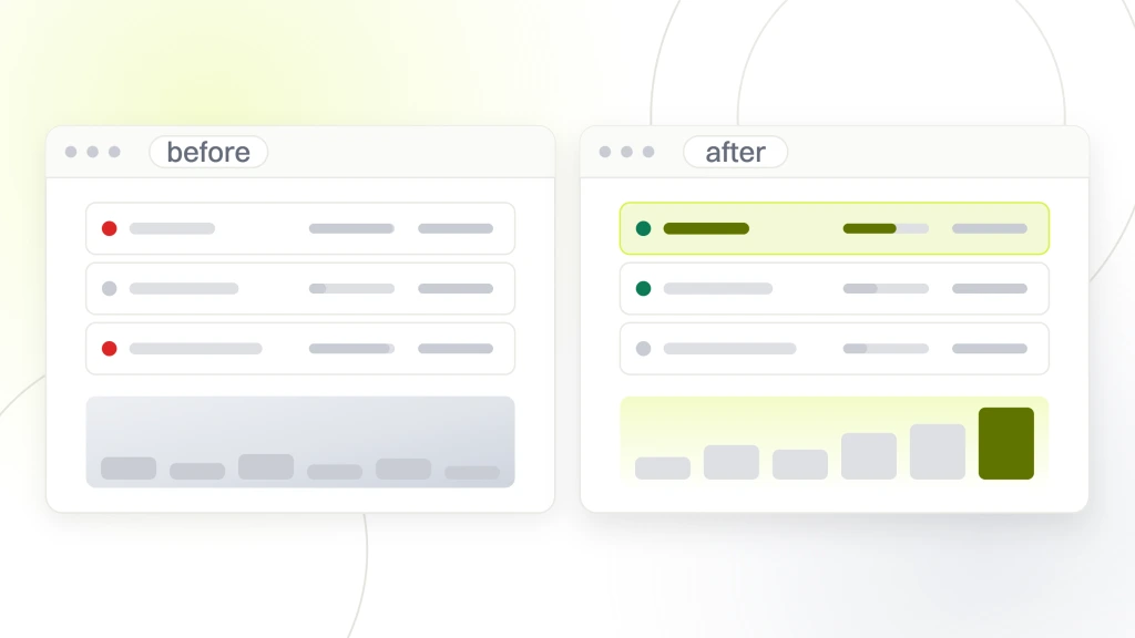 Facebook ad marketing for chiropractors. Two ad account windows labeled before and after, each holding three campaign rows, the before side showing flat spend columns and the after side showing them climbing.