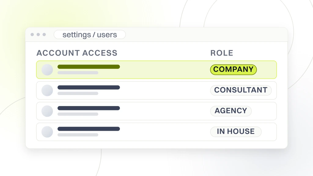 Healthcare SEO company. A settings window listing four user rows with role pills reading company, consultant, agency and in house, the first row marked active.