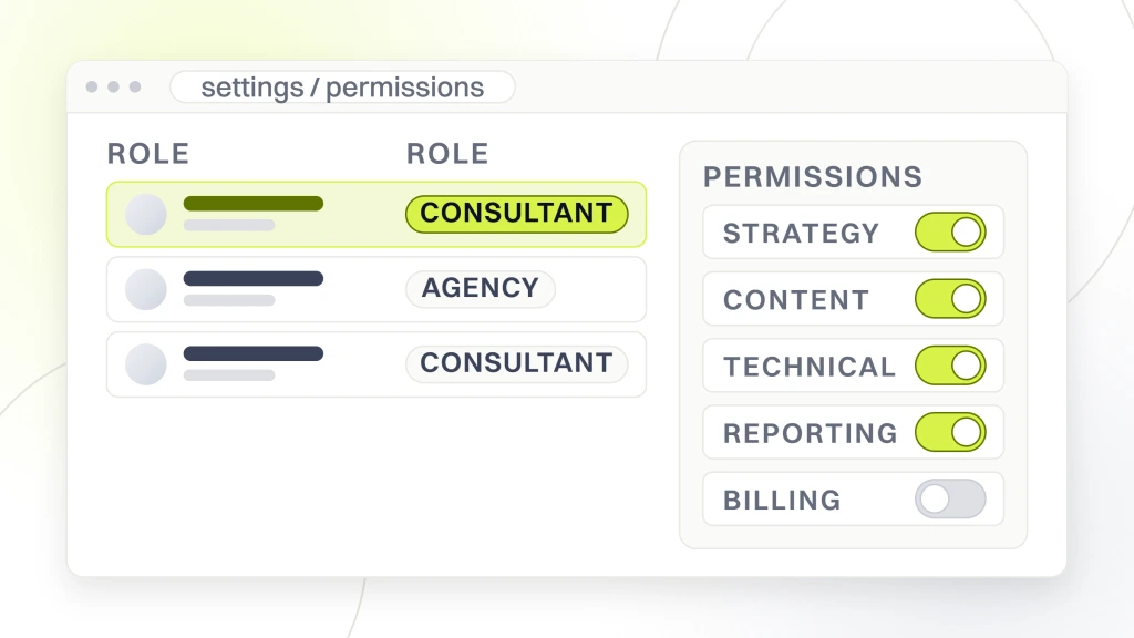 Healthcare SEO Companies. A permissions window listing strategy, content, technical, reporting and billing, with billing switched off and the rest switched on.