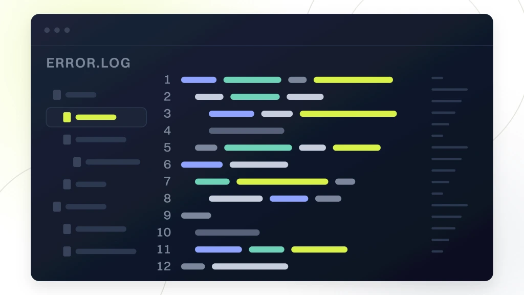 Healthcare Website Monitoring. A dark editor pane with traffic lights, a file rail, twelve syntax colored log lines and a minimap down the right hand edge.