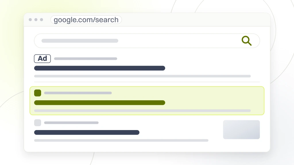 SEO and PPC Management. A search results window with a query box, two ad listings above a rule and three organic listings under it, the first highlighted.