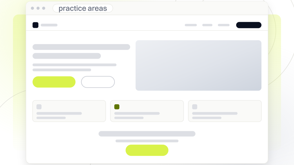Law firm SEO audit. A browser window holding a practice area page with its navigation, photographic hero, a row of cards and a call to action band, the repeating page type a firm site is built from.