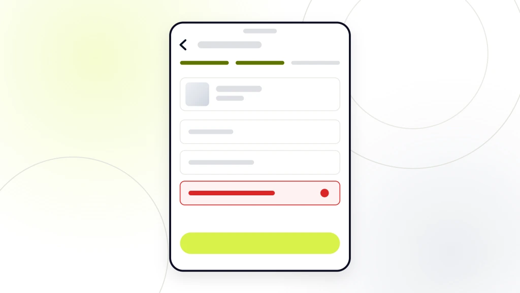 Mobile-First Indexing. A handset showing a checkout form with its step indicator and four fields, the third one drawn as failed.