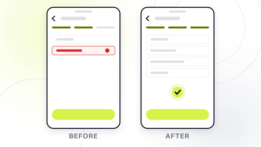 Two checkout windows labeled before and after, the cut-down form with a failed field on the left and the complete form on the right, from a guide to Mobile-First Indexing.