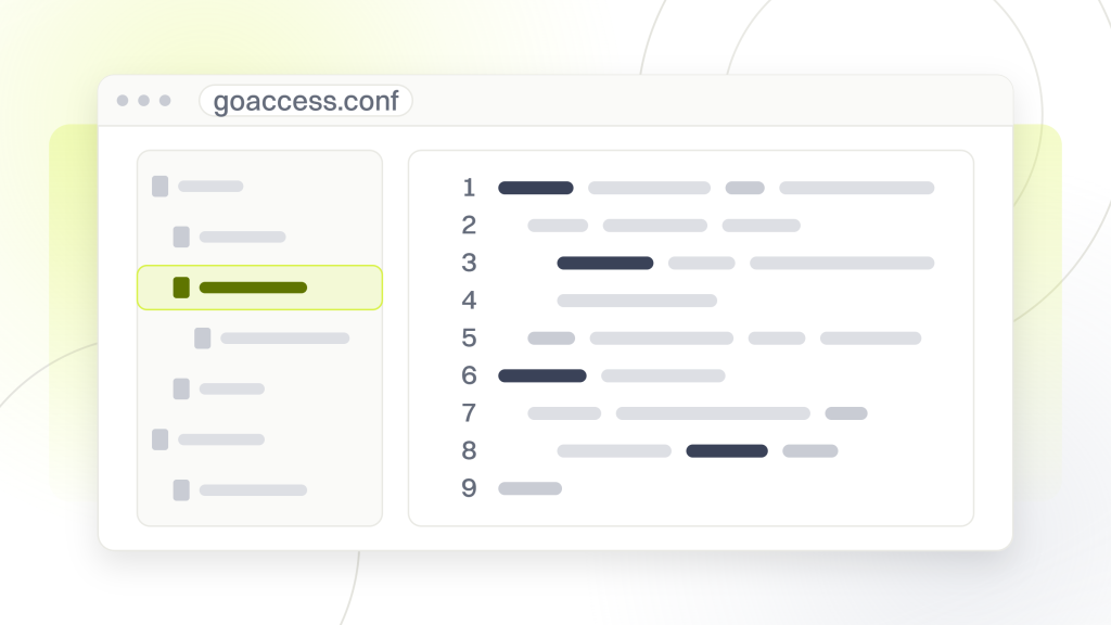 Open source SEO software. A code editor with a file tree and eight lines in the pane, one highlighted and one marked as an addition, the configuration a log parser reads before it touches an access log.