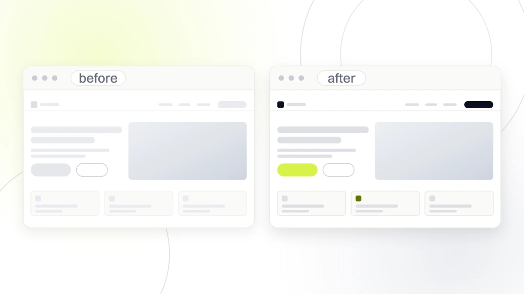 Two sites in browser chrome labeled before and after, the before one drawn dim with a grey button and the after one carrying real photography and a lime button, from a guide to pay Monthly for a Website.