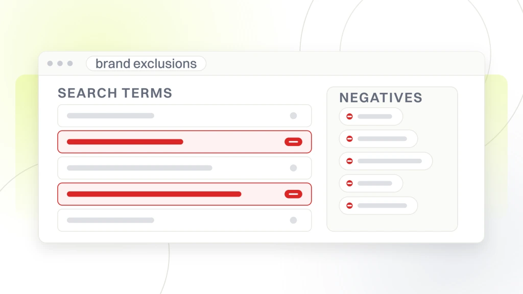 Pmax dental ads. A search terms window listing five queries with two marked red for exclusion, beside a negatives panel holding the chips already added.