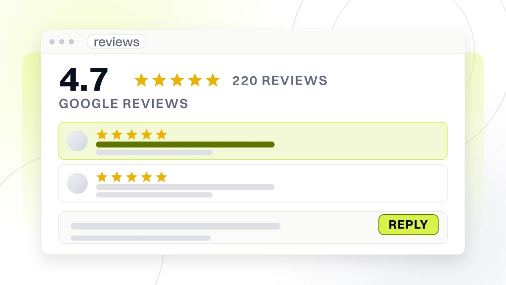 Pet store local SEO. A reviews window reading 4.7 beside four filled stars and a count of 220 reviews, above two review rows and a reply composer.