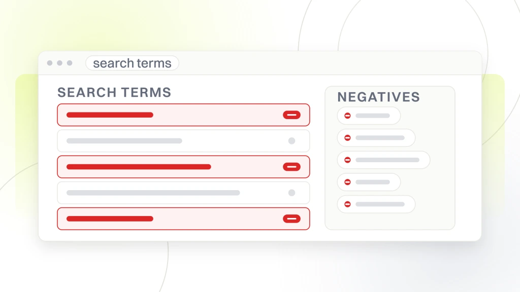 PPC Campaigns for Pet Grooming. A search terms report with five queries, three of them flagged for exclusion, beside a negatives panel holding the terms already blocked.