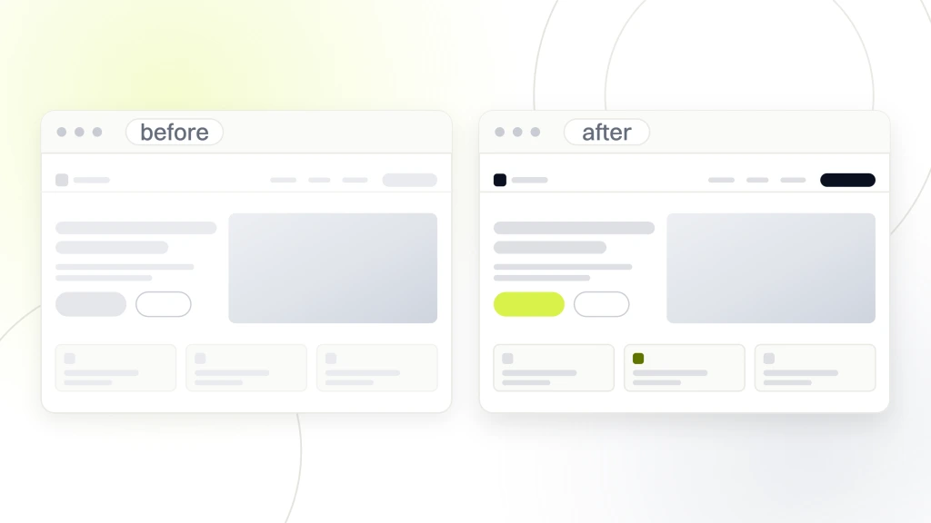 Two browser windows side by side, one drawn in flat grey furniture with a dull button and the other carrying live photography and a lime call to action, from a guide to affordable Web Design Services for Small Business.