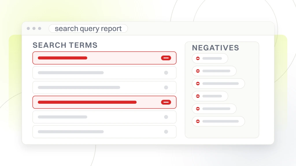 Amazon Marketing for Food Brands. A search terms window listing six queries with two marked red as leakage, beside a panel of negative keyword chips already added.