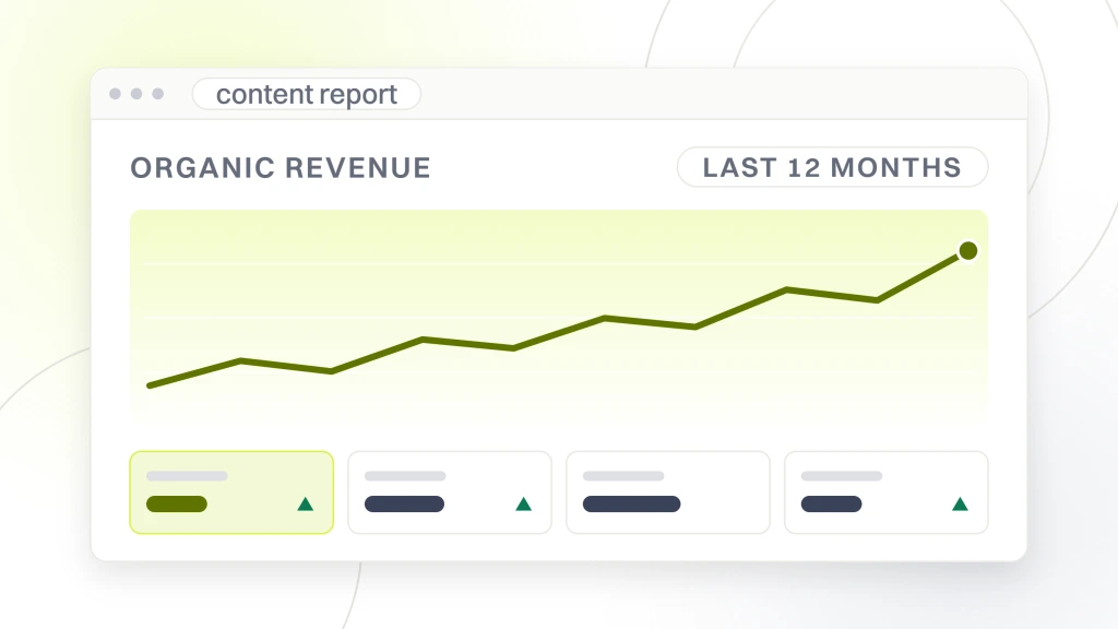 Ecommerce content marketing agency. An analytics window showing a rising organic revenue line above a row of four summary tiles, filtered to the last 12 months.