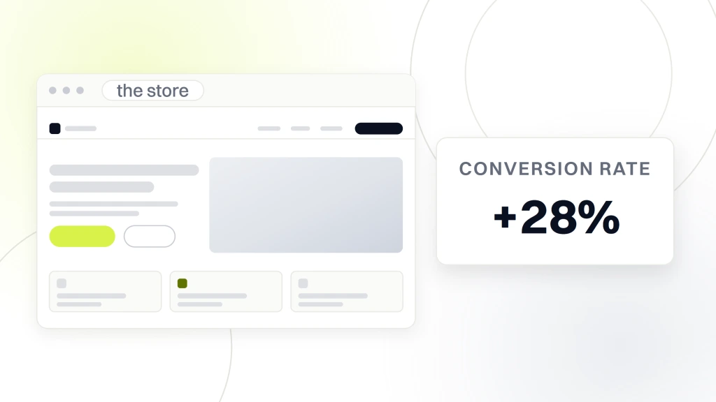 Content Marketing Strategy for Ecommerce. A storefront in browser chrome with nav, hero and product cards, beside a card reading plus 28 percent under the words conversion rate.