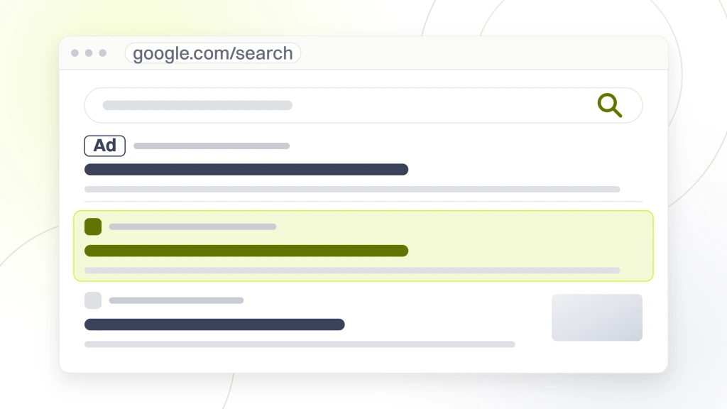 SEO for dental offices. A search results window with a query box, a tab rail, two ad listings above a rule, four organic listings with the first highlighted, and a row of related search pills beneath.