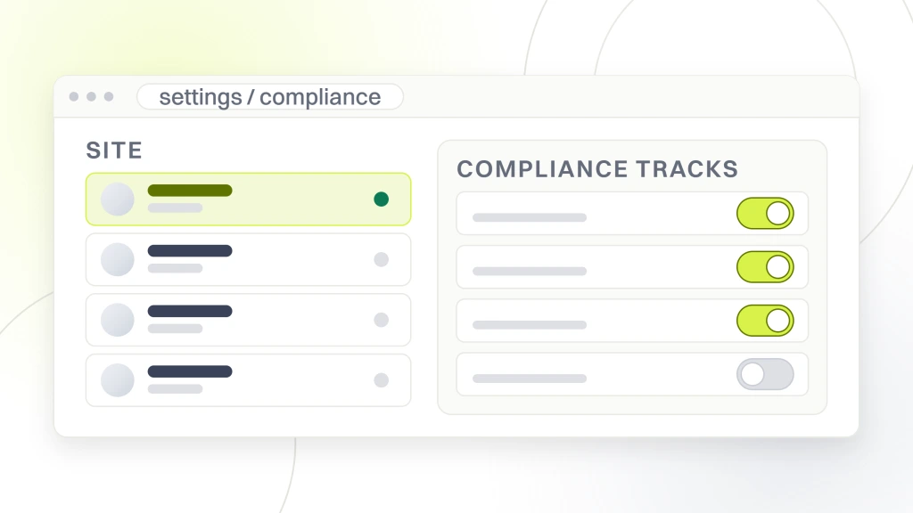 Dental Website Compliance. An admin settings window listing four site rows beside a panel with four switches, hipaa pixels, ada accessibility and state privacy turned on and tcpa consent turned off.