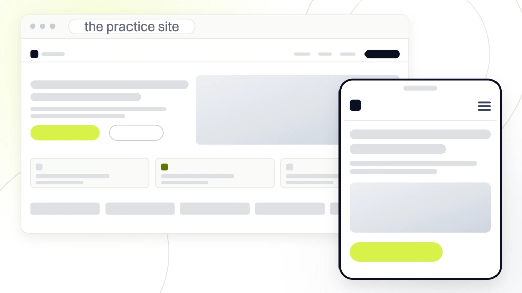 Dental Website Marketing Ideas. A dental practice site in browser chrome showing a nav, a hero with a booking form, service cards and an insurance logo row, with the same page drawn on a handset in front of it.