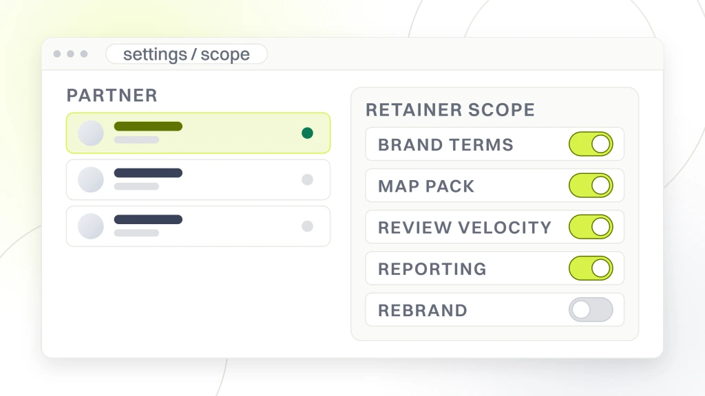 A permissions window listing brand terms, map pack, review velocity, reporting and rebrand, with rebrand switched off and the rest switched on, from a guide to DSO Marketing for Dental Practices.