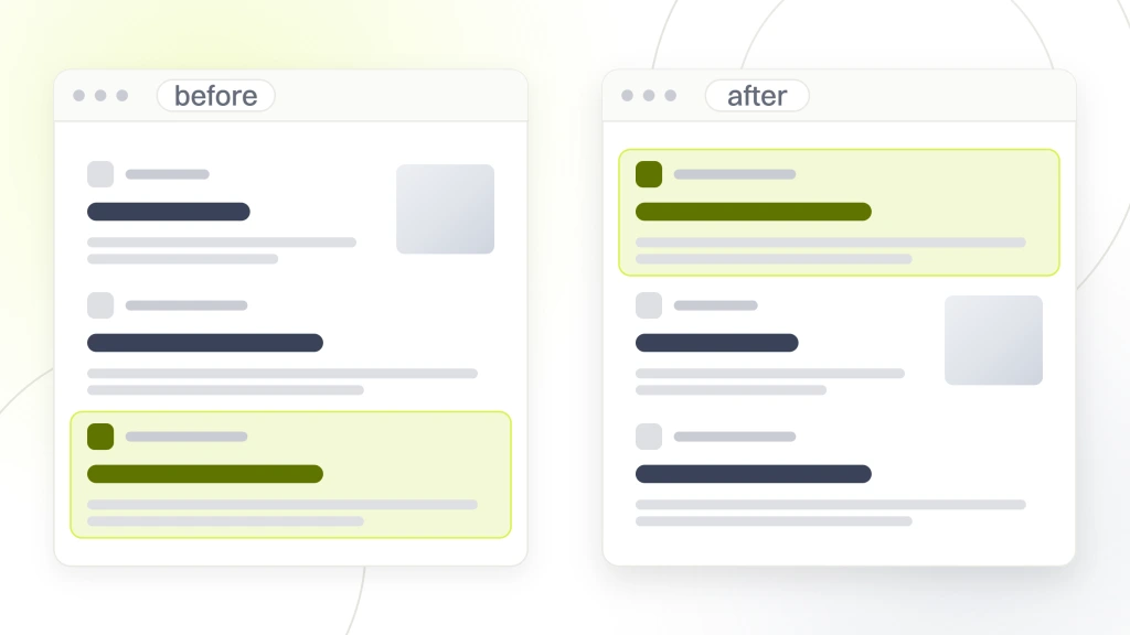 Two search results windows labeled before and after, the highlighted product listing last on the left and first on the right, from a guide to ecommerce Product Page SEO.