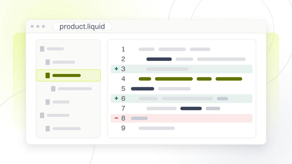 Ecommerce SEO Checklist. A code editor window with a file tree and a pane titled product.liquid, showing nine lines with two additions and one deletion marked in the diff gutter.