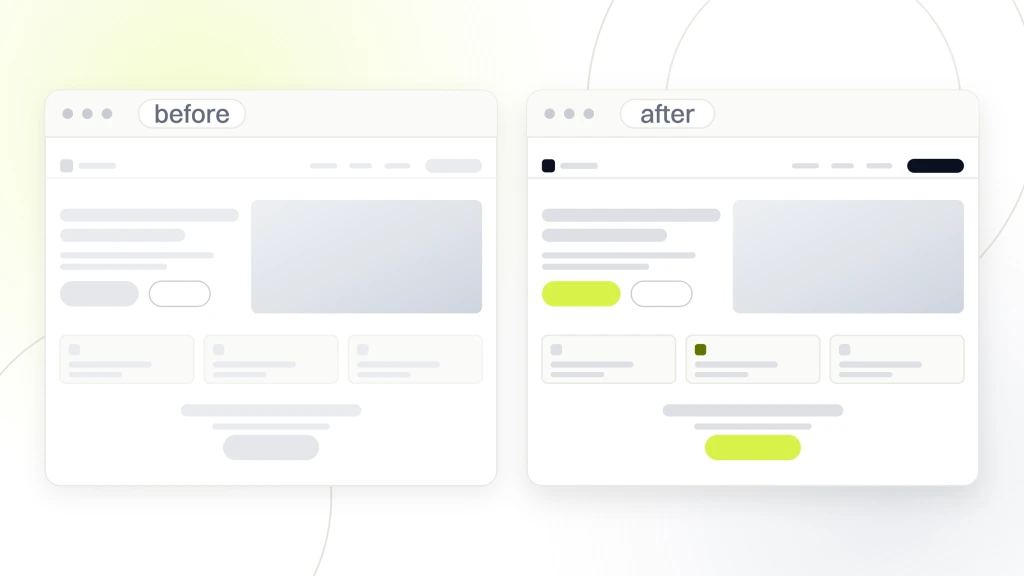 Two browser windows side by side, the before one drawn in flat grey furniture with a dull button and the after one carrying live photography and a lime call to action, from a guide to ecommerce Web Design Company.