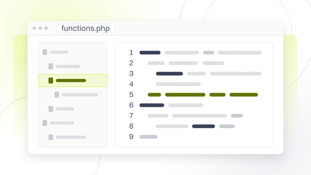 Ecommerce Website Maintenance Checklist. An editor window with a file tree rail on the left and a code pane on the right, one line highlighted in lime as the line being worked.