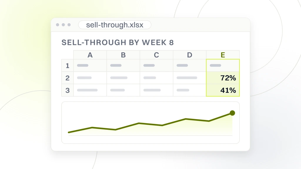 Fashion Market Research. A spreadsheet export in a window, its read column holding 72 percent and 41 percent under the heading sell-through by week 8.