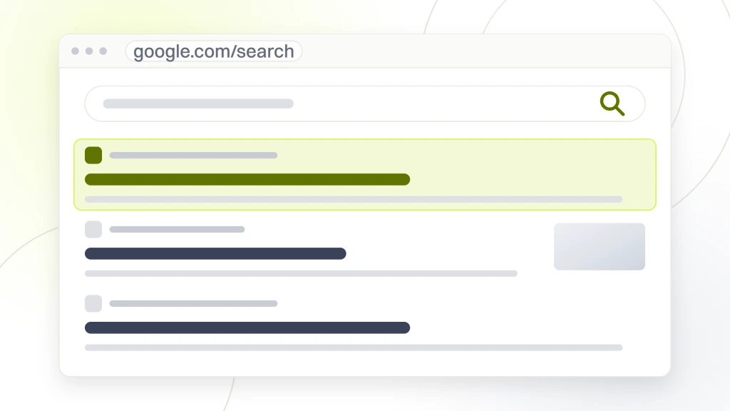 Local SEO strategies beauty professionals. A search results window with a query box, a tab rail, four organic listings with the first highlighted, and two rows of related search pills beneath.
