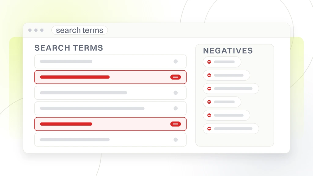 MSP google ads management. A search terms report with six queries, two of them flagged for exclusion, beside a negatives panel holding the terms already blocked.