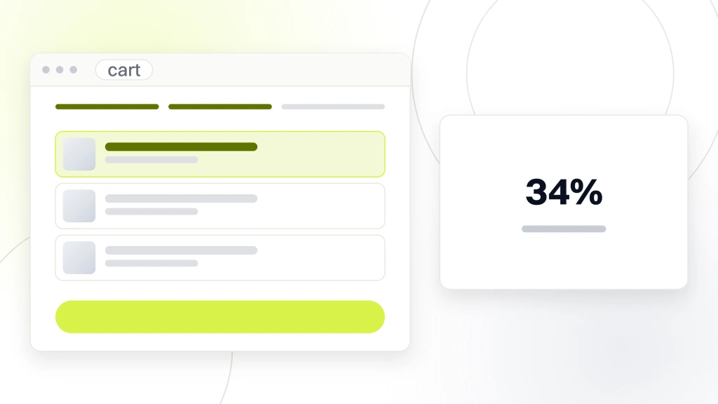 Pet Business Web Design Cuts DTC Subscription Churn. A checkout window showing three cart lines with the first one highlighted and a step indicator above them, beside a panel reading 34 percent under the words subscribe rate on new carts.