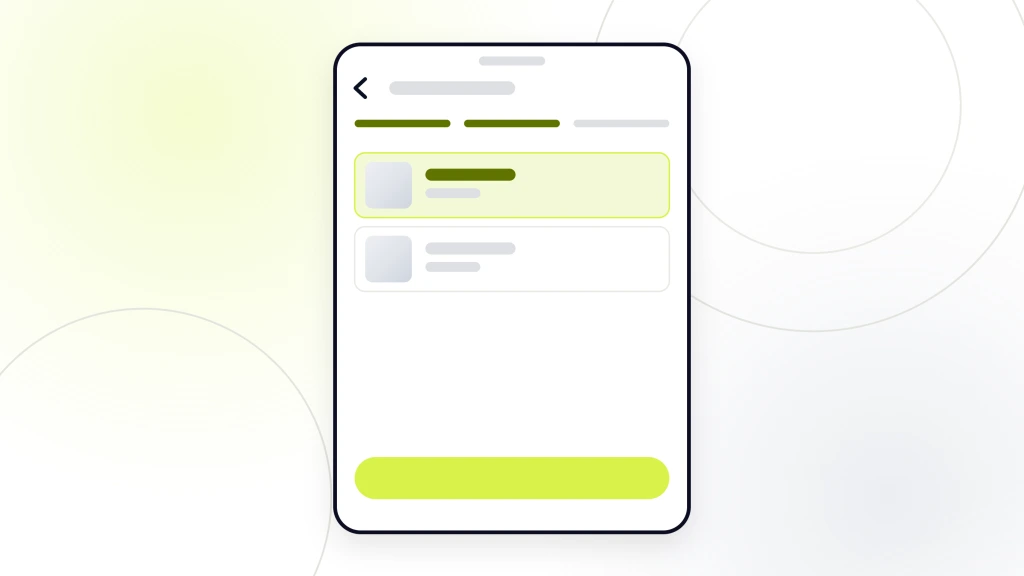Pet Business Web Design. A handset showing a cart screen with a step indicator, two cart lines and a lime action button at the foot.