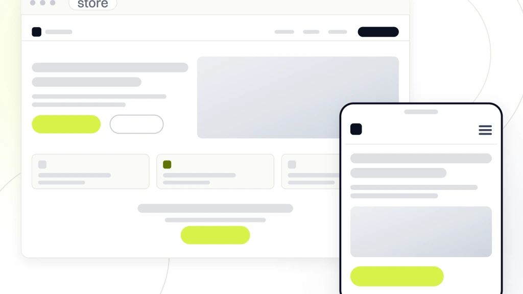 Pet Website Hosting. A browser window showing a pet store page with its navigation, hero photography, product cards and a call to action, with the same page drawn on a handset in front of it.
