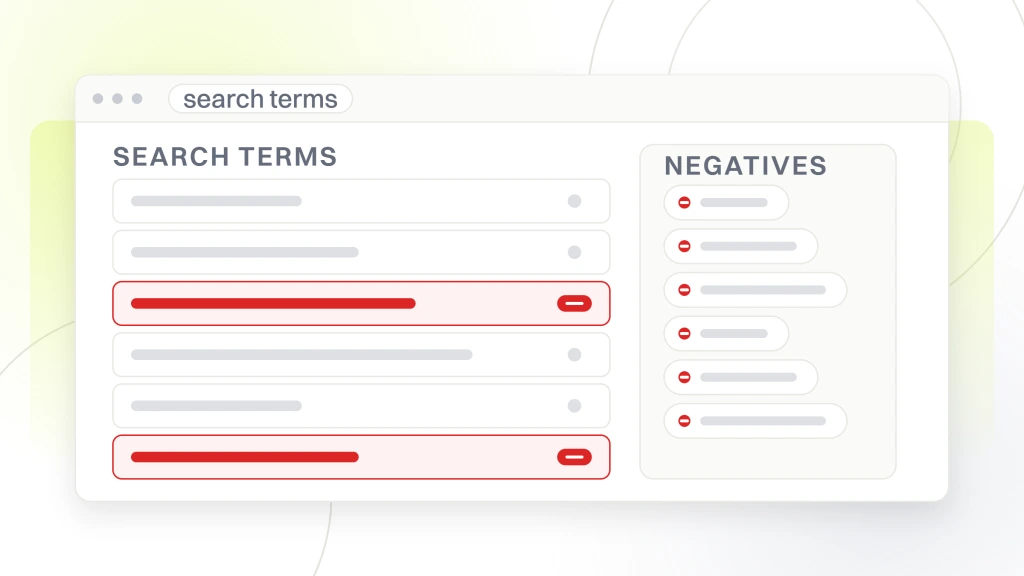 A search terms report with six queries, two of them flagged for exclusion, beside a negatives panel holding the terms already blocked, from a guide to PPC Ads for Beauty Salon.