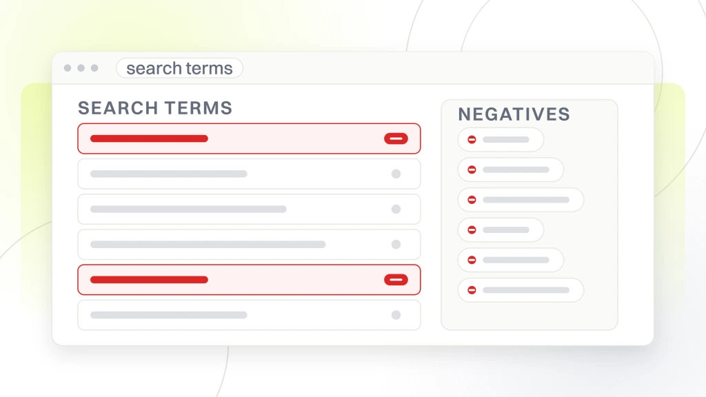 PPC Keywords for Healthcare. A search terms window listing six queries with two marked red as waste, beside a panel of negative keyword chips already added.
