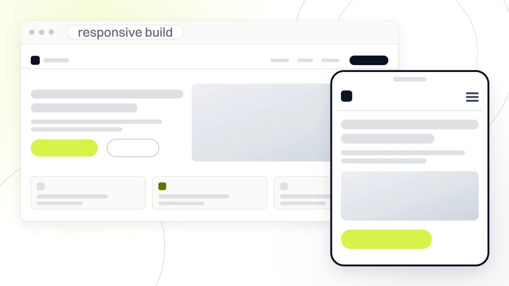 Responsive Web Design Services for Growing. A browser window showing a site with navigation, a photographic hero and a row of cards, with the same page rendered down a handset standing in front of it.