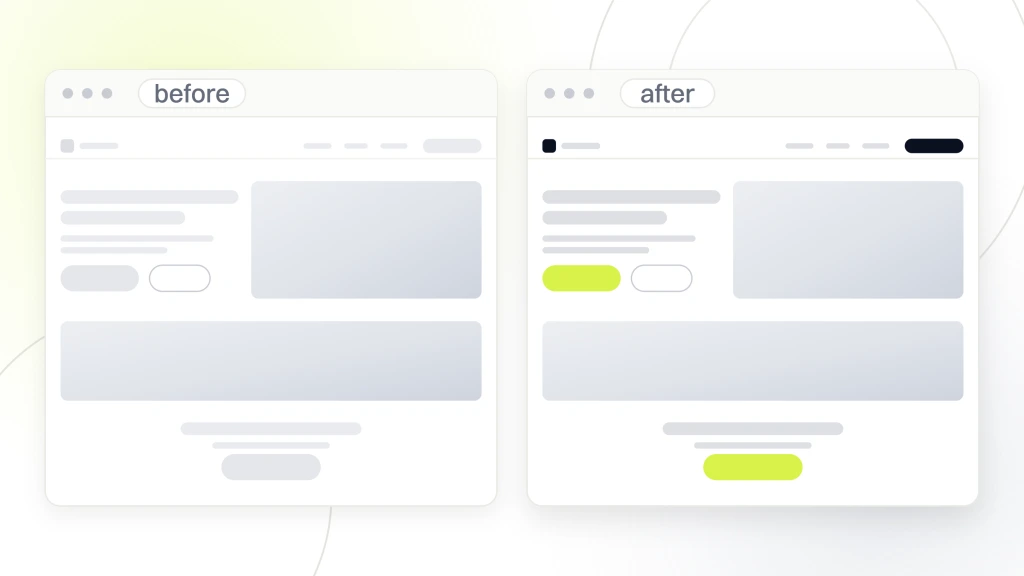 Responsive Web Design Services. Two browser windows side by side, one drawn in flat grey furniture with a dull button and the other carrying live photography and a lime call to action band.