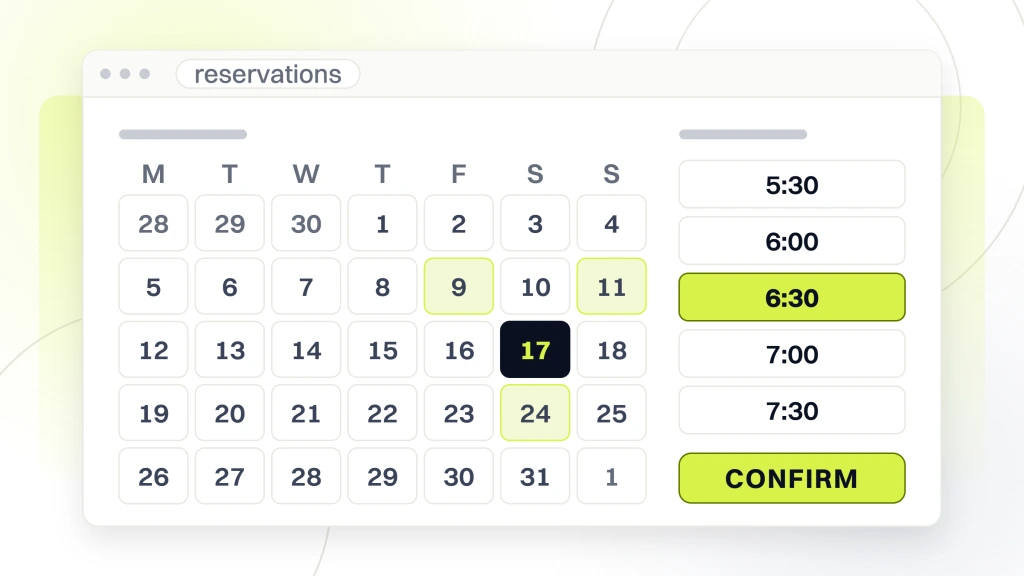 Restaurant Marketing Agency. A booking window showing a month grid with one date selected, a column of five service times beside it and a confirm button beneath.