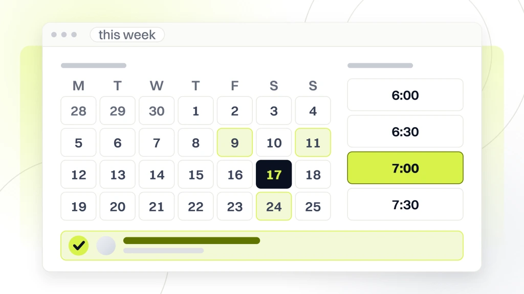 A booking window showing a month grid, a column of four service times and a confirmation strip beneath saying the slot is booked, from a guide to restaurant Marketing Agency.