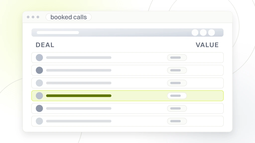 A CRM window showing a cover band above six booked call rows with owner avatars, the fourth row highlighted, from a guide to sales Funnel Examples by Industry.