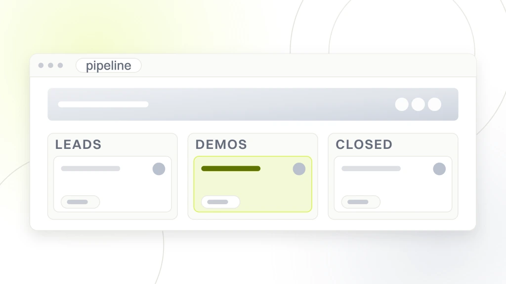 Sales Funnel Optimization. A pipeline board with three columns headed leads, demos and closed, each holding deal cards, one card in the middle column pulled forward and the last column marked as won.
