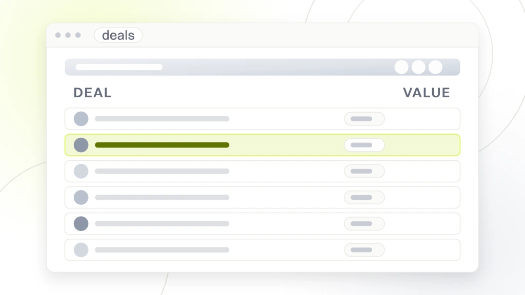 Sales funnel optimization. A pipeline list window showing six deal rows with stage marks and value rules down the right hand side.