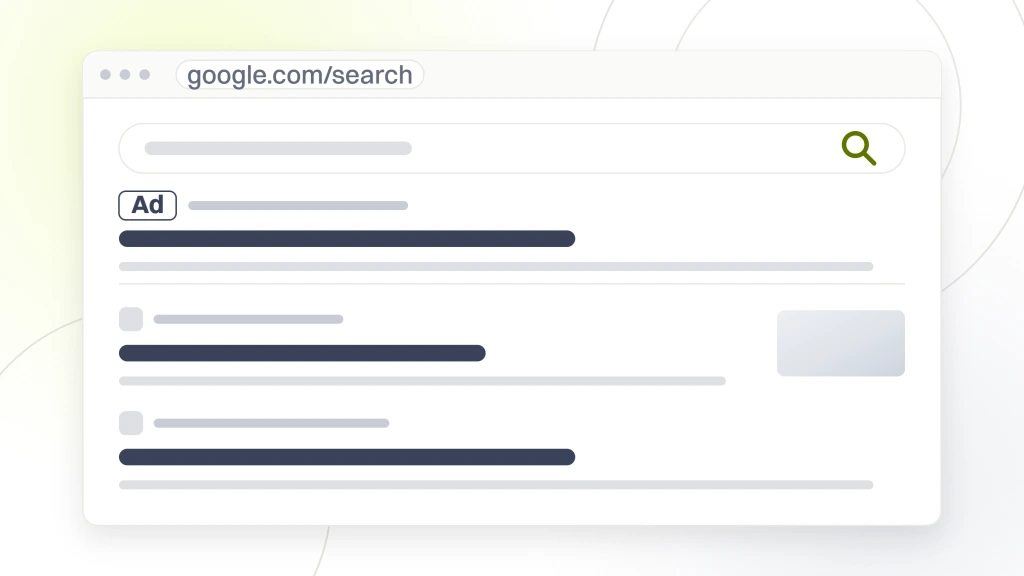 A search results page with a query box, two ad listings above a rule, four organic listings with one highlighted, and a row of related search pills, from a guide to SEO for Pet Supply Stores.