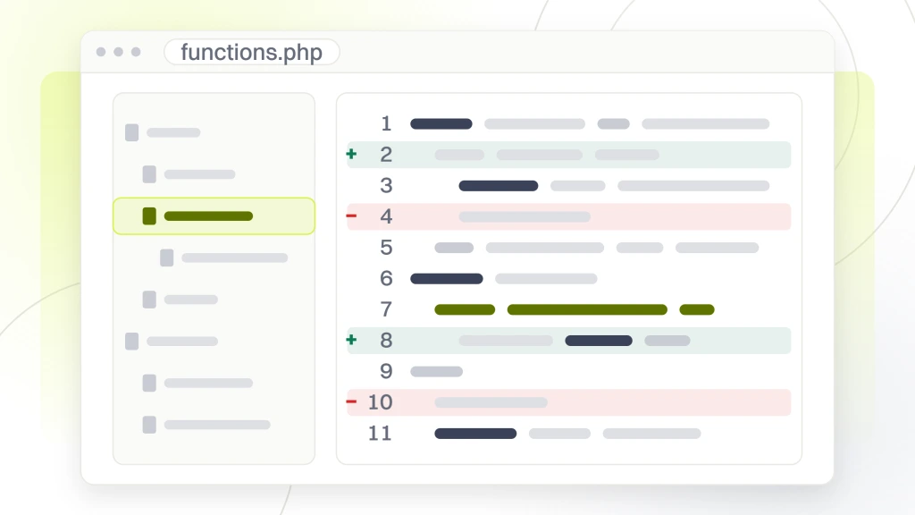 A code editor window with a file tree and a pane titled functions.php, showing eleven lines with two additions and two deletions marked in the diff gutter, from a guide to website Maintenance for Fashion Brands.