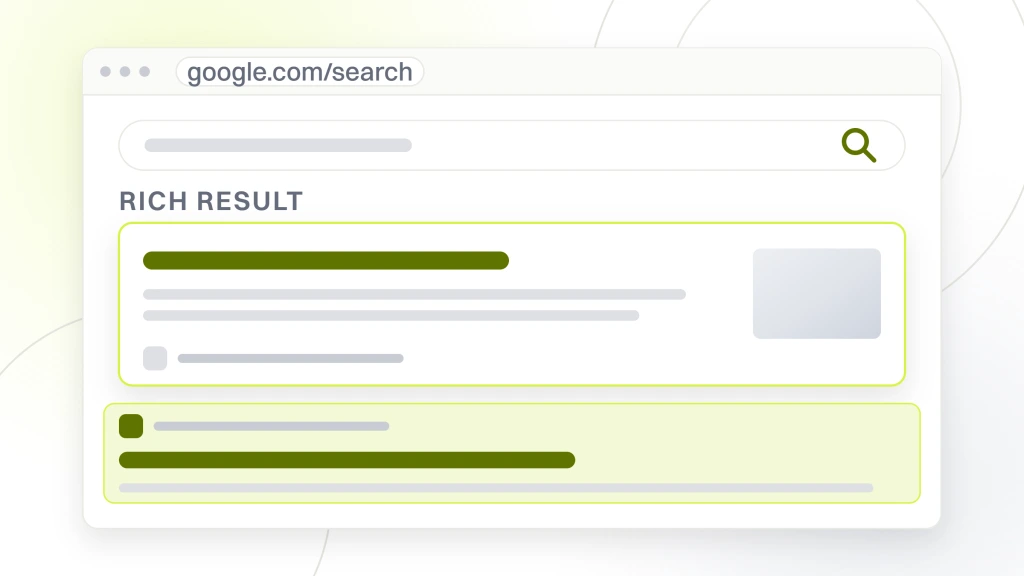 A search results window with a query box, a rich result card sitting above the organic listings and three results beneath it with the first highlighted, from a guide to WooCommerce Product Page SEO.