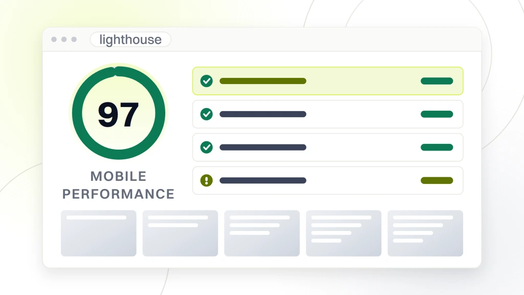 Responsive Web Design Checker. An audit report window showing a scored ring reading 97 under the label mobile performance, with a column of metric rows beside it.
