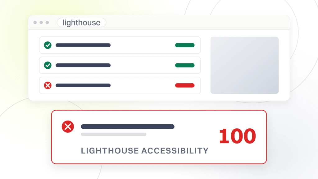 Responsive web design testing tool. An audit report window with one measured value pulled out and magnified to read 100 under the words lighthouse accessibility.