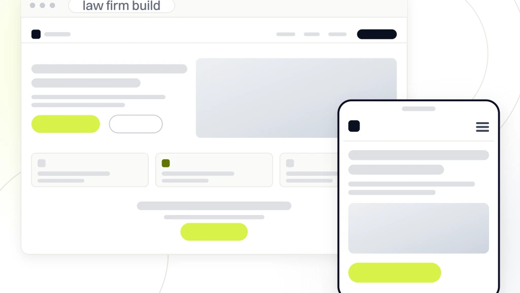 Responsive Web Design Law Firm. A browser window showing a law firm site with navigation, a photographic hero, practice area cards and a consultation band, with the same page rendered down a handset in front of it.