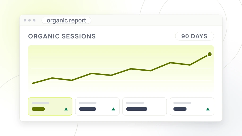Search Engine Optimization Consulting. An analytics window showing a rising organic session line above a row of four summary tiles, filtered to 90 days.