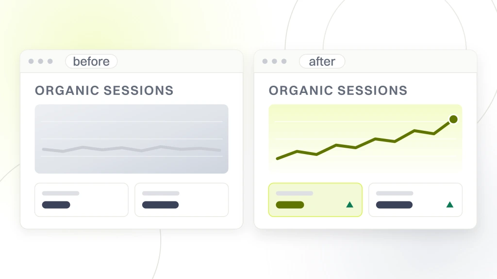 Search Engine Optimization Consulting Services. Two analytics windows labeled before and after, a flat session line on one side and a rising one on the other, each with a pair of summary tiles beneath it.
